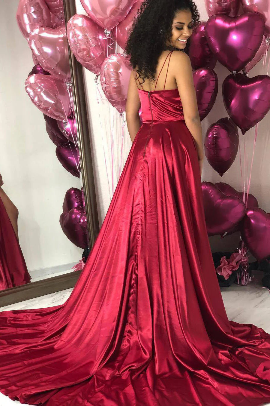 Vestidos formales/Vestido de fiesta largo rojo sencillo con escote en V y abertura